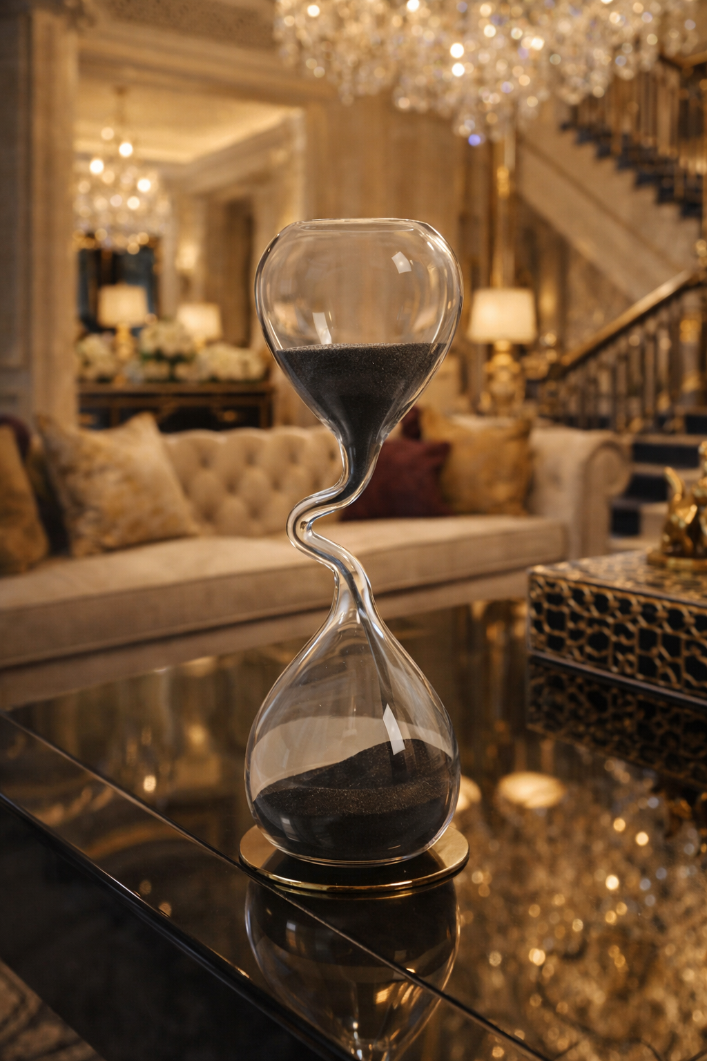 Glass hourglass with sand on a reflective surface in an elegant room with chandeliers and furniture.