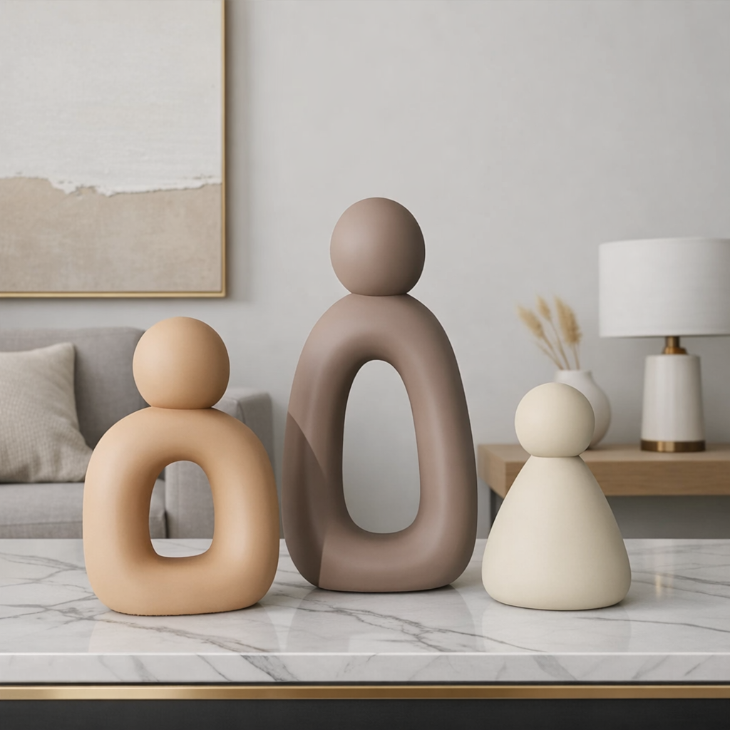 Three modern ceramic sculptures on a marble surface with a neutral-colored wall and lamp in the background.