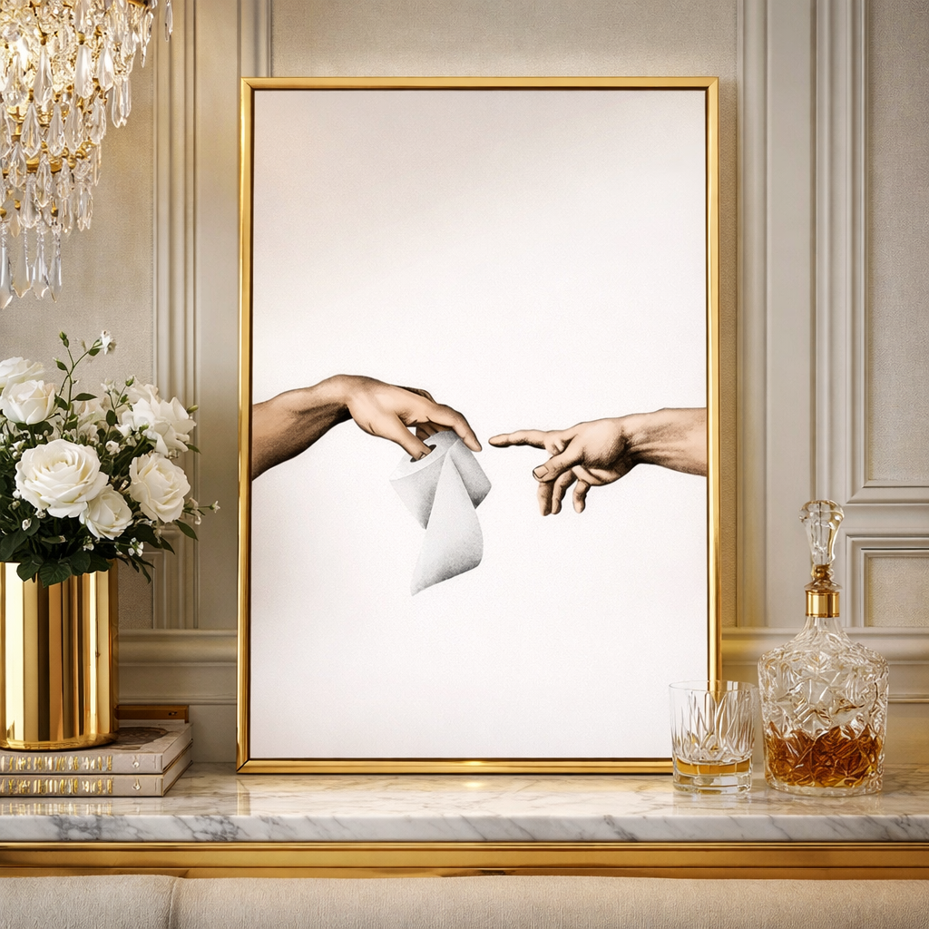Framed artwork of two hands reaching towards each other on a decorative shelf with flowers and decanter.