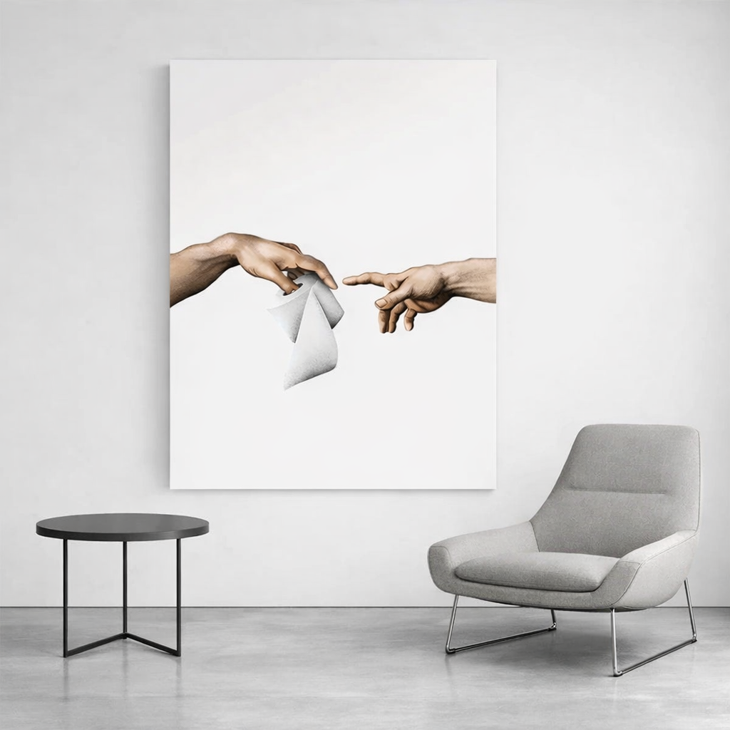 Modern interior with a chair and small table, featuring a large abstract painting of two hands reaching towards each other.