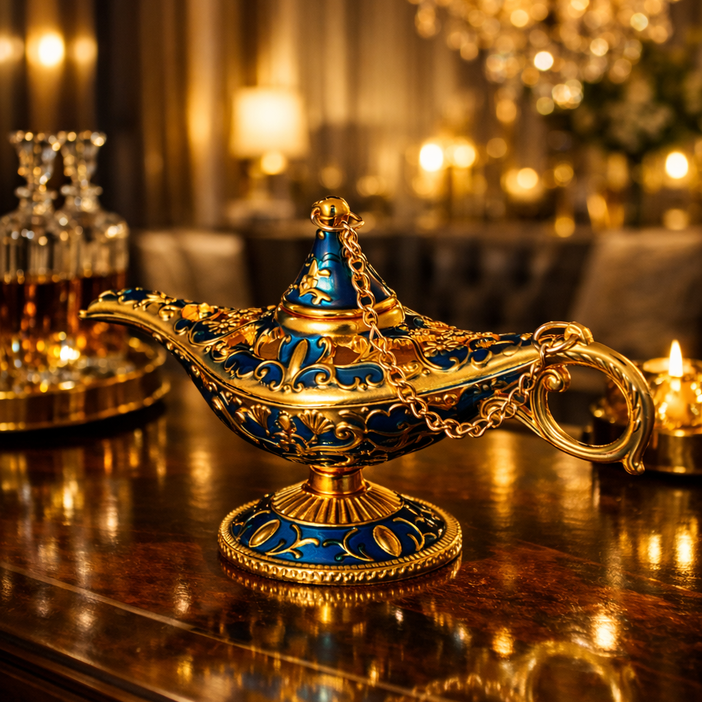 Decorative Aladdin-style lamp on a wooden surface with a warm, blurred background