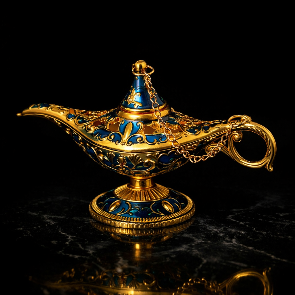 Decorative gold and blue lamp on a reflective surface with a black background