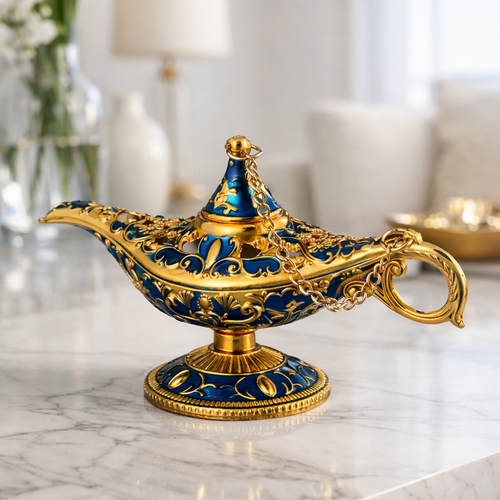 Decorative blue and gold lamp on a marble surface with a blurred indoor background
