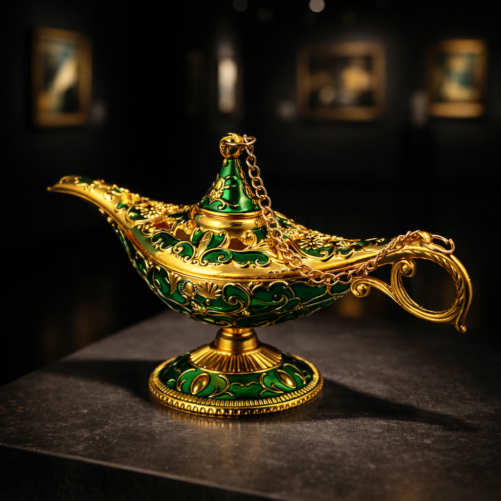Decorative gold and green lamp on a dark surface with a blurred background