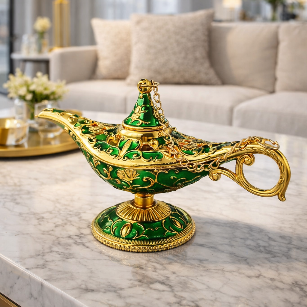 Decorative green and gold lamp on a marble surface with a living room background