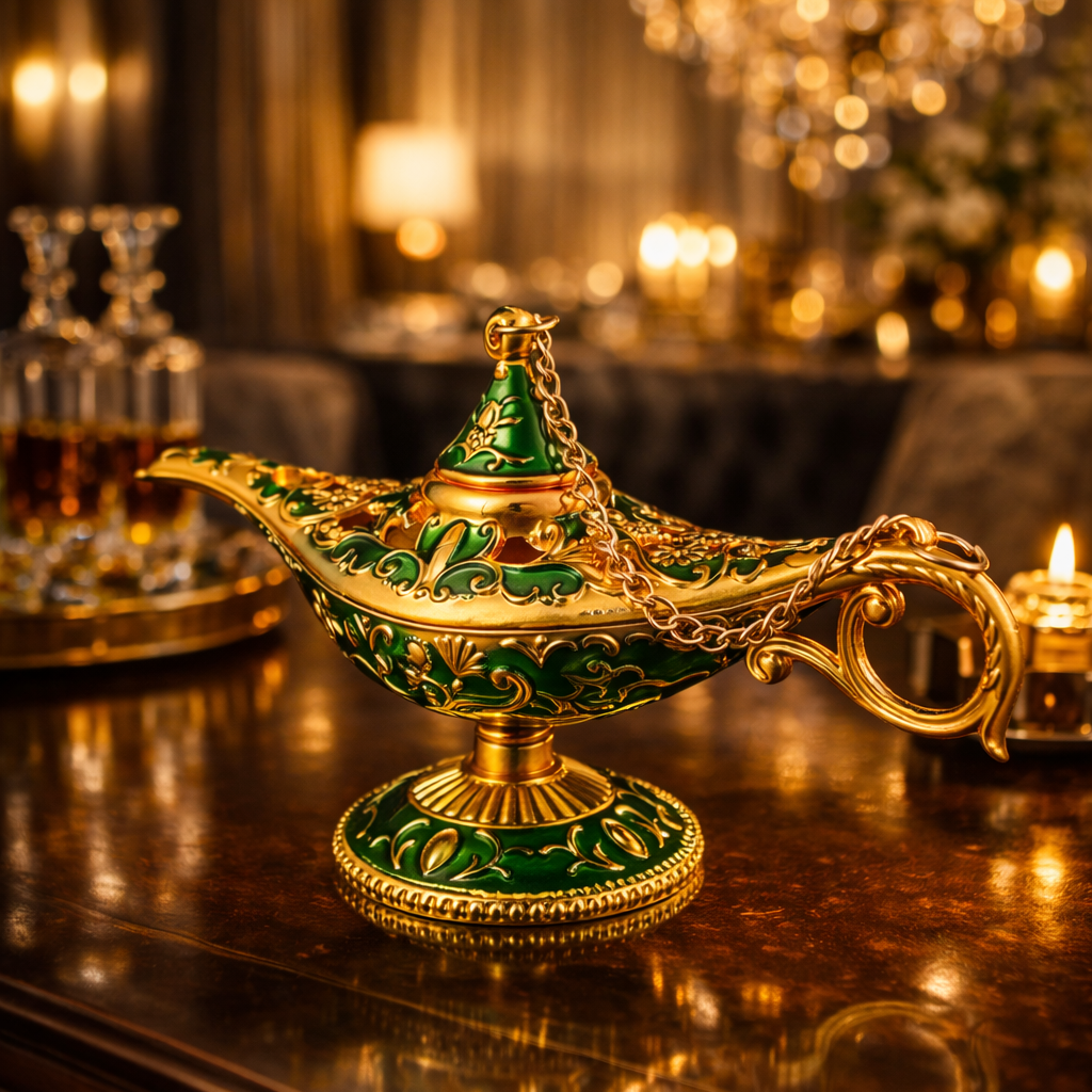 Decorative lamp with green and gold design on a wooden surface, with blurred background of candles and chandelier.