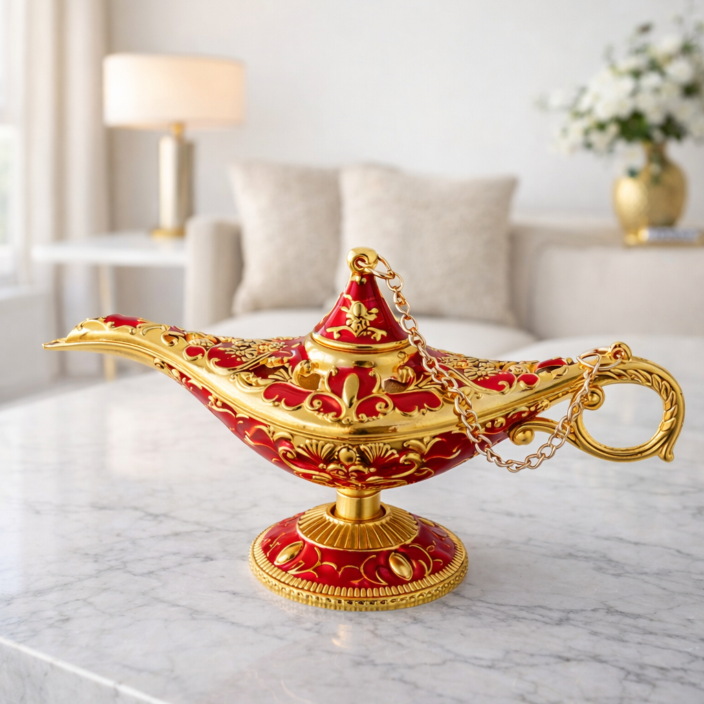 Decorative red and gold lamp on a marble surface with a neutral background