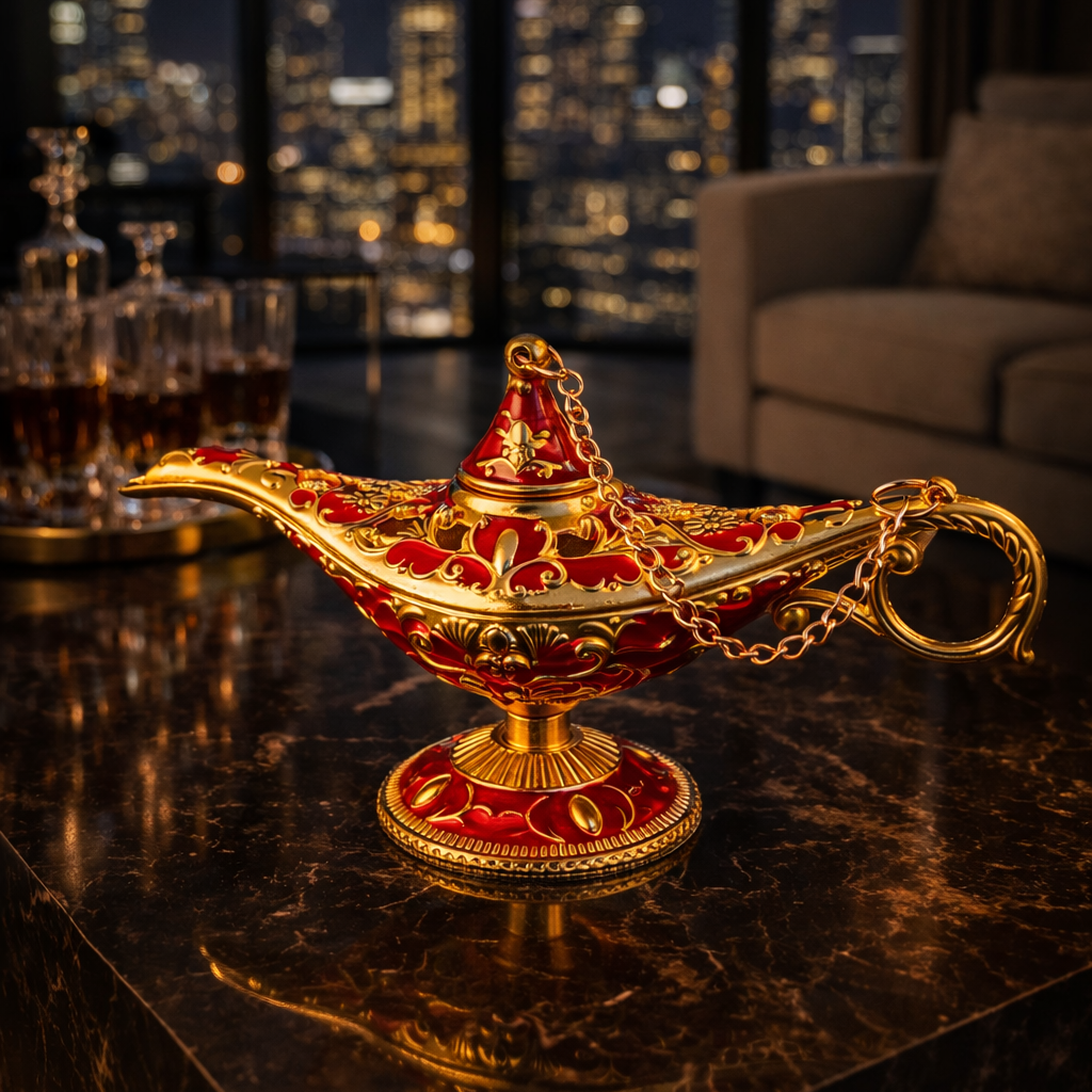 Decorative Aladdin-style lamp on a marble surface with cityscape in the background