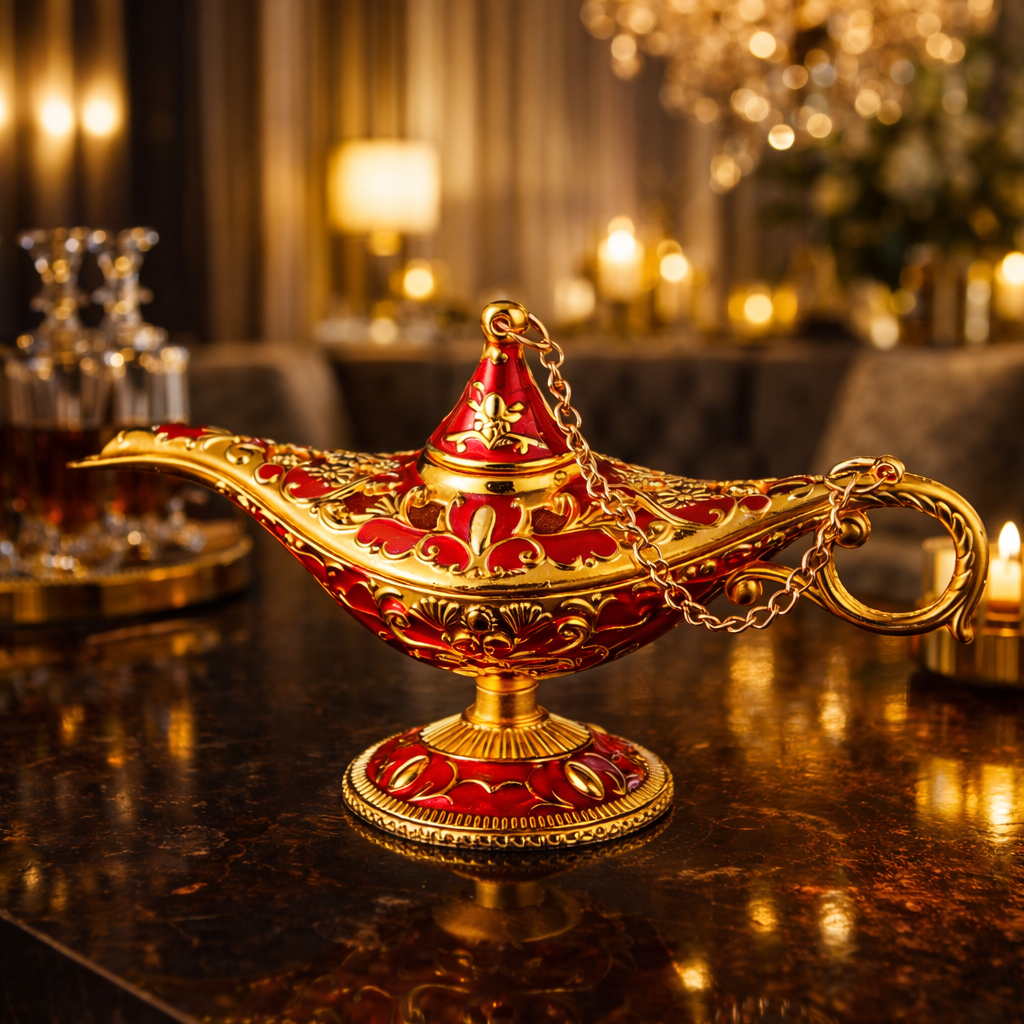 Decorative red and gold lamp on a reflective surface with a blurred background