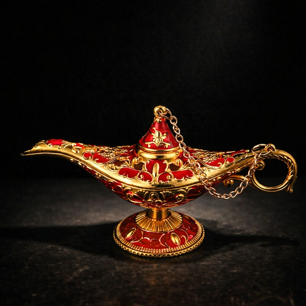 Decorative genie lamp with red accents on a dark background