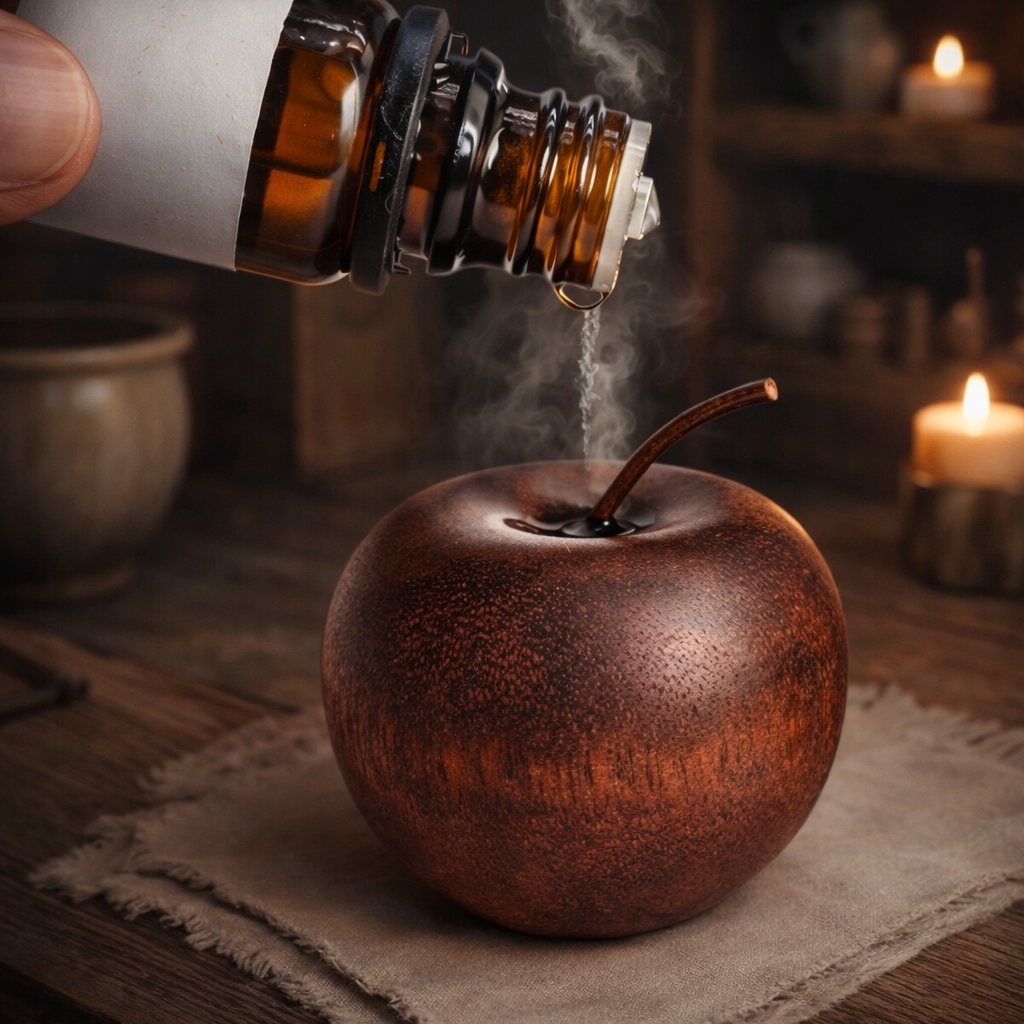Brown apple with steam being poured onto it from a bottle, on a wooden surface with a candle in the background.