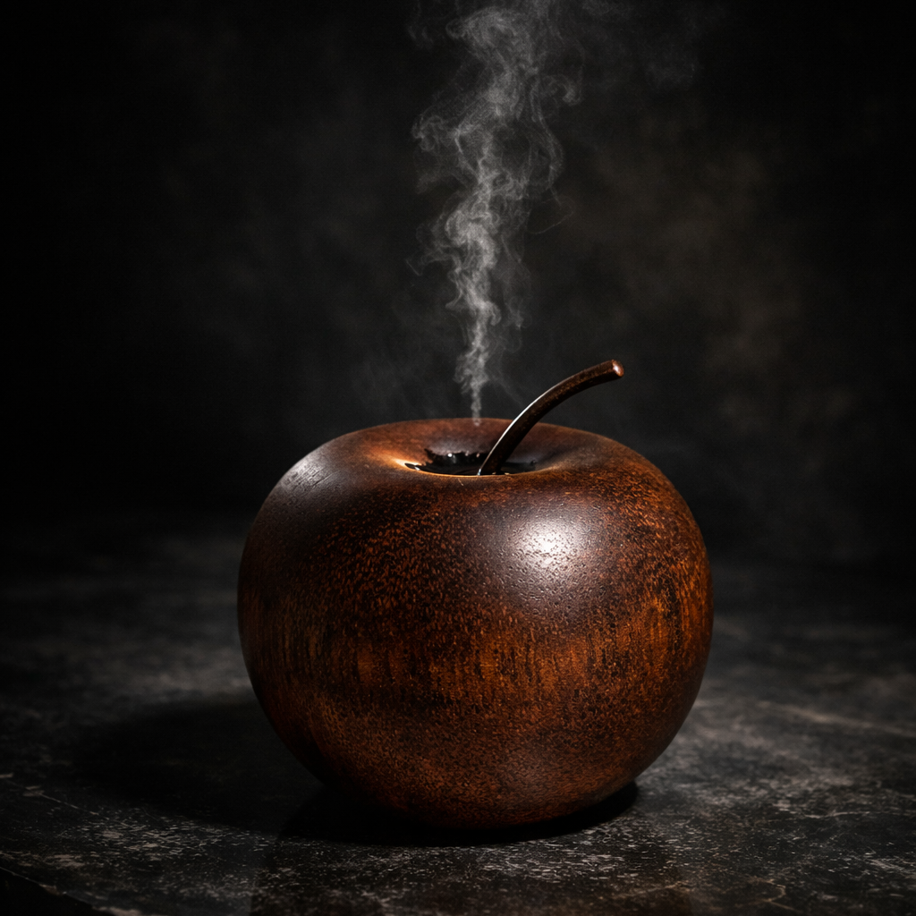 Wooden apple with steam rising from it on a dark surface