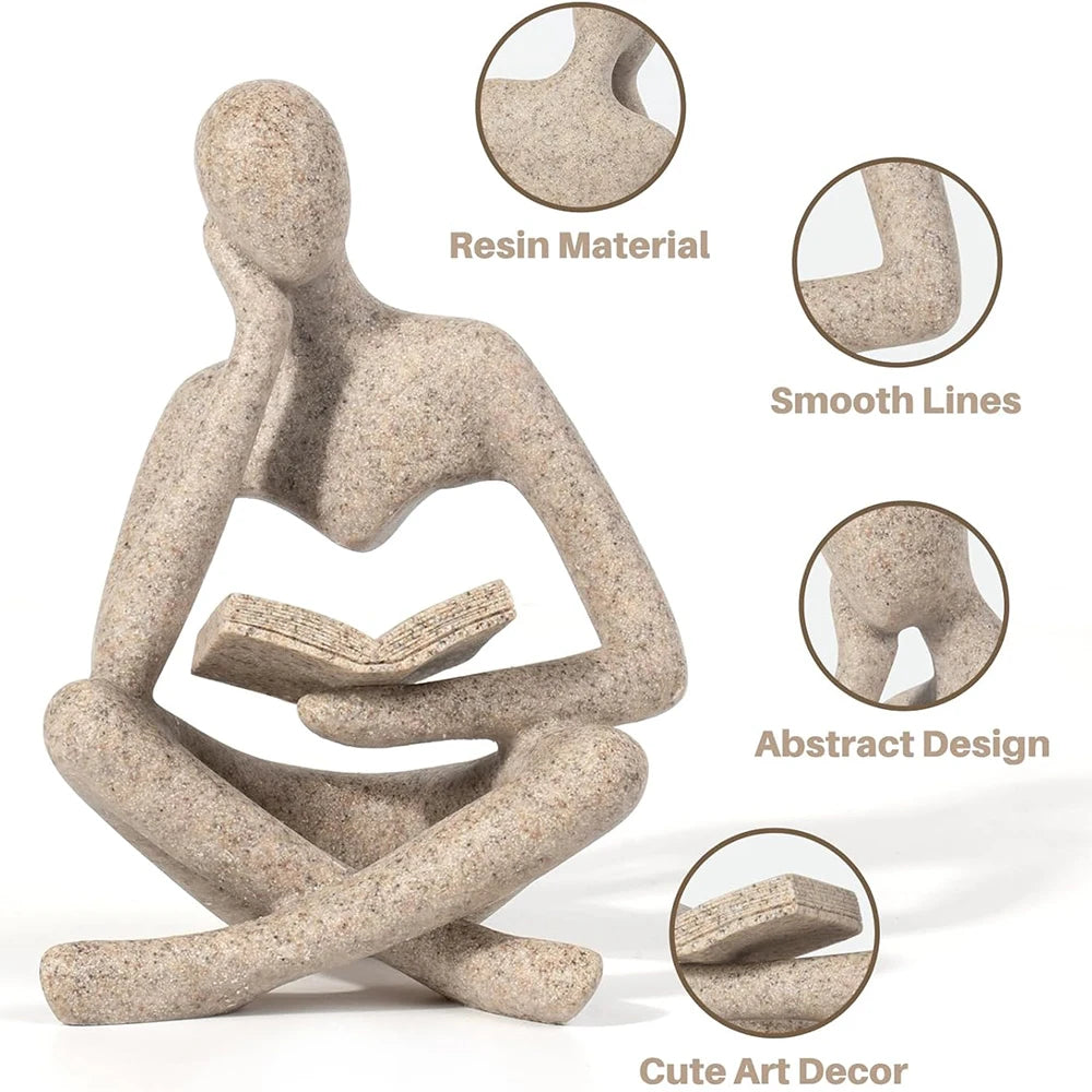 Statue of a person reading a book with resin material and smooth lines, on a white background.