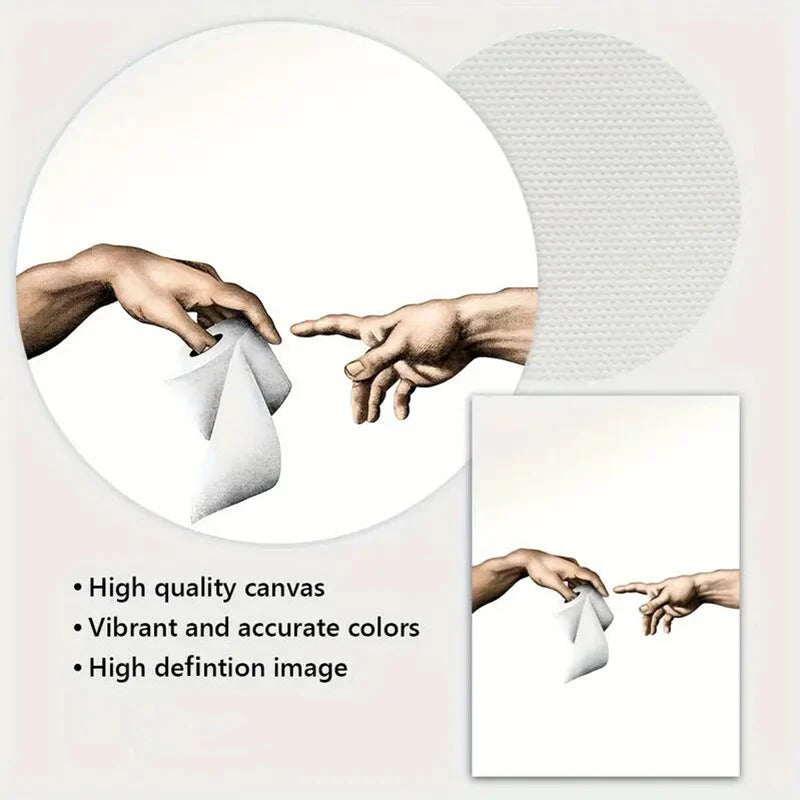 Two hands reaching towards each other with text highlighting high quality canvas, vibrant colors, and high definition image.