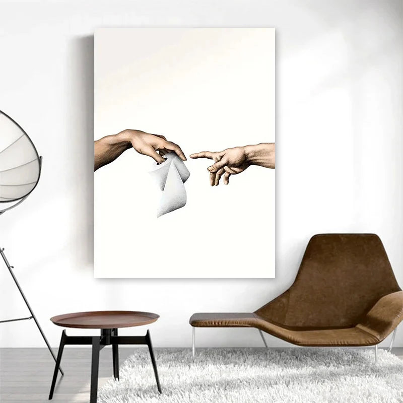 Modern interior with a large abstract painting of two hands reaching towards each other, a brown chair, and a small round table.