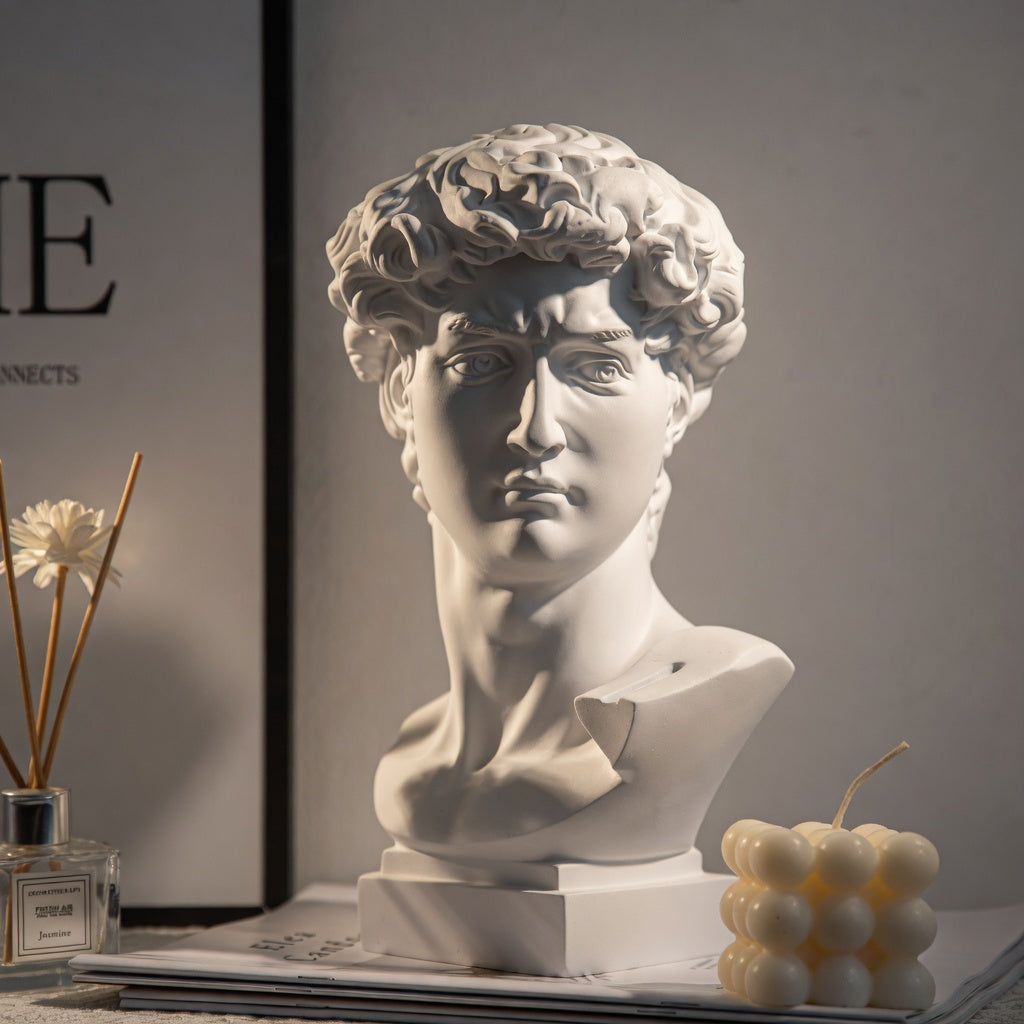 David Head Resin Bust Sculpture styled on a shelf in a modern living room
